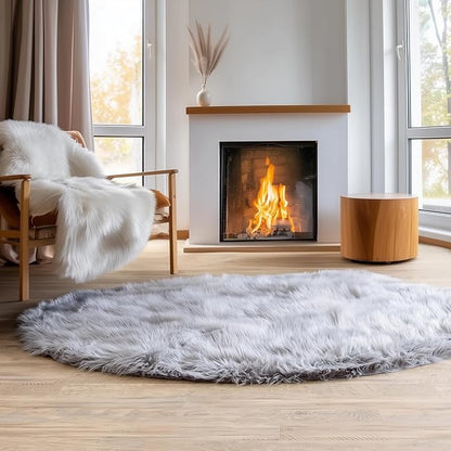 3 ft Round Fluffy Gray Rug – Plush Faux Fur Rug for Bedroom, Living Room, or Nursery – Cozy Faux Sheepskin Home Decor