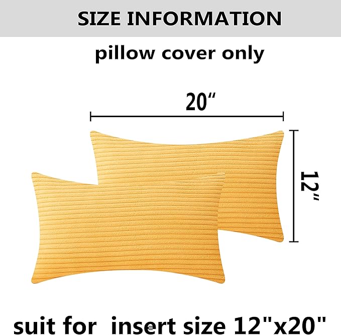 Home Brilliant 12 x 20 Fall Pillow Covers Set of 2 Plush Striped Corduroy Velvet Rectangular Throw Pillow Covers for Chair Couch Winter Decor Lumbar Pillows, 12 x 20 inch, Sunflower Yellow