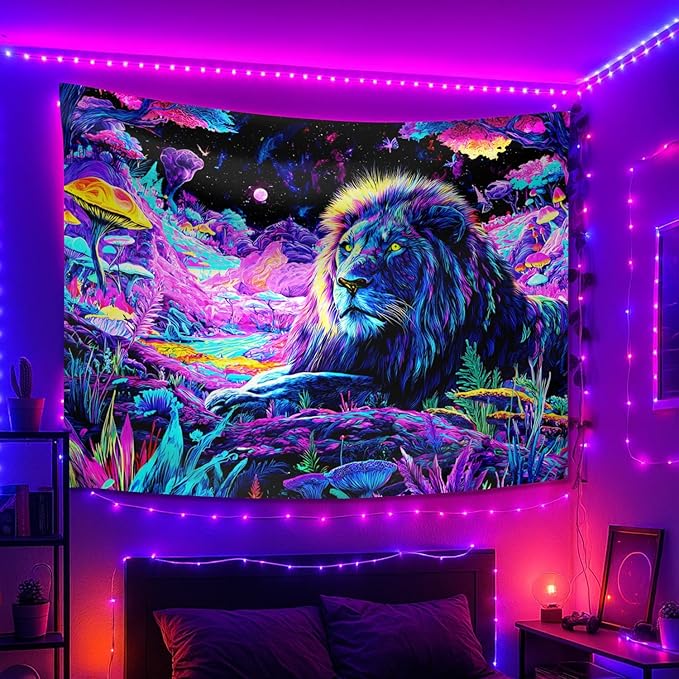 seewan Black Light Lion Tapestry, Colorful Abstract Beast Art Tapestry, Glow-in-the-Dark UV-Reactive Black Light Standing Tapestry, Starry Sky Wall Hanging, Bedroom Dorm Living Room Background Decor