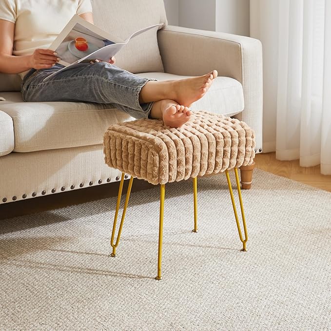 IBUYKE Rectangular Footrest Stool Ottoman, Makeup Vanity Stool Side Table, Velvet Dressing Table Seat, Footstool Chair, Golden Steel Legs, for Makeup Room, Bedroom, Square Grid Pattern, Khaki WBD003K