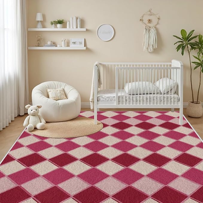 Plaid Rug, Soft Ultra Soft Faux Wool Rhombus Geometric Rugs, Indoor Floor Mats Carpet, Non Slip&Non-Shedding Low Pile Washable Rugs, Modern Red 4x6 Area Rug for Bedroom Home Decor