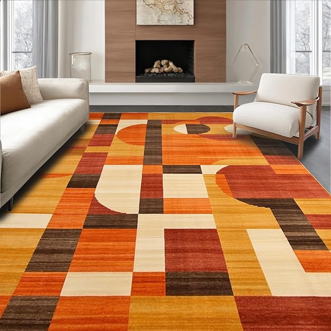 Flatwoven High Traffic Area Rug 8x10, Orange Rust Copper Abstract Geometric Shape, Non Slip, Stain Resistant, Washable Area Rugs for Living Room, Bedroom (Orange, 8x10)