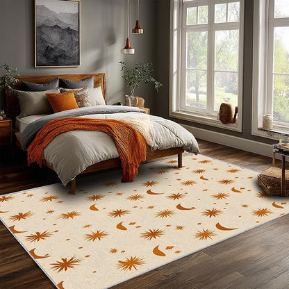 Boho Style Rug, 5x8 Area Rugs Sun Moon Star Terracotta Abstract Pattern for Living Room, Bedroom, Boho Style Home Decor Accessories Indoor Carpet, Non Slip & Machine Washable