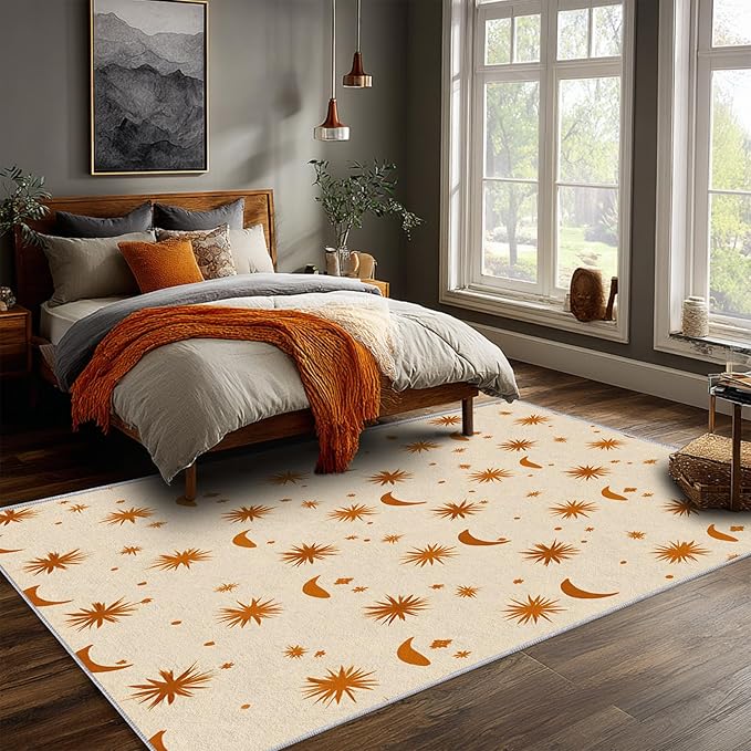 Boho Style Rug, Large 8x10 Area Rugs Sun Moon Star Terracotta Abstract Pattern for Living Room, Bedroom, Boho Style Home Decor Accessories Indoor Carpet, Non Slip & Machine Washable