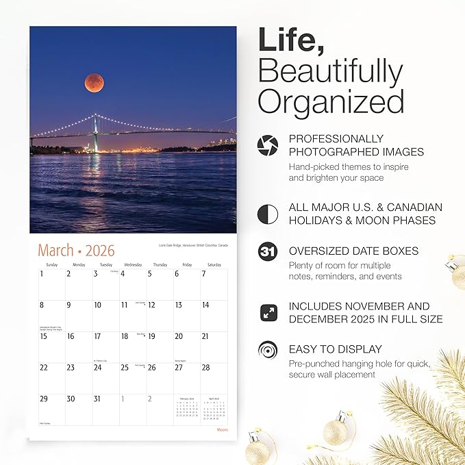 RED EMBER Moons 2026 Wall Calendar 12 Month | 12" x 24" Open | Thick & Sturdy Paper | Holiday Gift | Space Calendar 2026