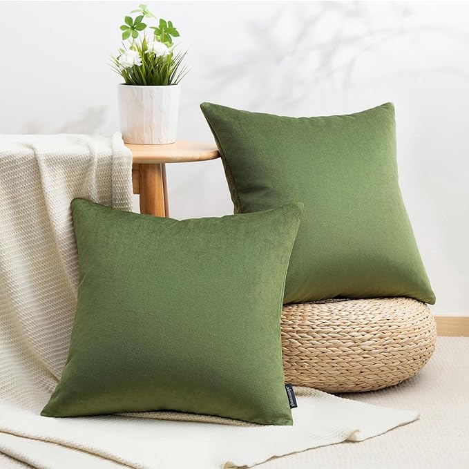 Phantoscope Pack of 2 Velvet Decorative Throw Decorative Pillow Cover Soft Solid Square Cushion Case for Couch Olive Green 20 x 20 inches 50 x 50 cm