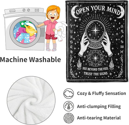Black White Tarot Zodiac Signs Blanket Halloween Holiday Decor Occult Throw Gifts for Adults Lightweight Soft Fleece Divination Crystal Ball Blankets for Sofa Couch Witchy Decoration 60x80in
