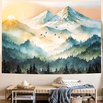 Delur Mountain Tapestry Boho Misty Sunset Forest Tree Tapestry Wall Hanging Sunrise Nature Landscape Psychedelic Headboard for Bedroom Living Room Home Decor (70.8" x 92.5")