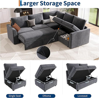 GarveeHome Sectional Sleeper Sofa with Pull Out Bed, Chenille Modular Sectional Sofa U Shaped Couch with Pull Out Couch and Storage Seat & Ottoman, Convertible Couches for Living Room