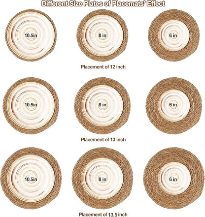 Round Woven Placemats - Boho Rattan Placemat Natural Water Hyacinth Placemats, Farmhouse Weave Place Mats, Rustic Braided Wicker Table Mats for Dining Table,Home,Wedding (13.5 inch Set of 8)