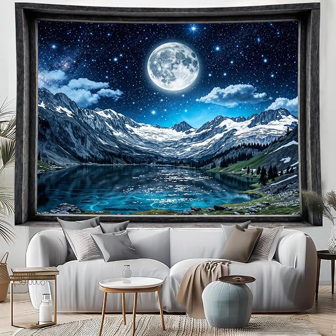 Lifeel Fantasy Mountain Lake Tapestry, Snowy Peaks Moon Landscape Window Tapestries, Living Room Bedroom Decoration, 36x48 inches