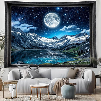 Lifeel Fantasy Mountain Lake Tapestry, Snowy Peaks Moon Landscape Window Tapestries, Living Room Bedroom Decoration, 36x48 inches