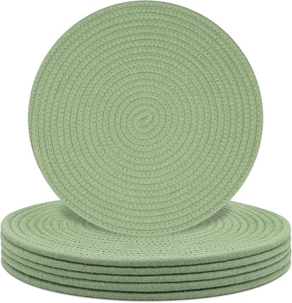 Round Placemats Set of 6, Cotton Rope Woven Table Mats, Hot Pads for Kitchen, Non Slip Heat Resistant Place Mats, 13 Inches Braided Placemat for Farmhouse Decor and Kitchen Table Decor (Green)