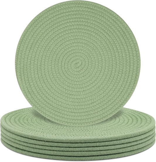 Round Placemats Set of 6, Cotton Rope Woven Table Mats, Hot Pads for Kitchen, Non Slip Heat Resistant Place Mats, 13 Inches Braided Placemat for Farmhouse Decor and Kitchen Table Decor (Green)