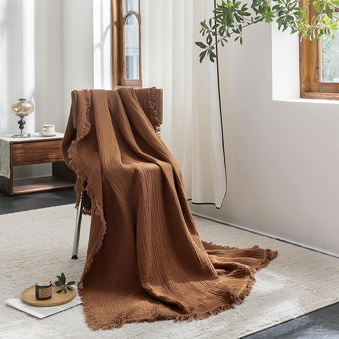 FOSSA Muslin Blanket with Fringe - 4-Layer 100% Cotton Gauze Super Soft & Breathable Throw -Lightweight Decorative Cooling Blanket for Bed, Sofa, Office (Dark Orange, Super King (108" × 98"))