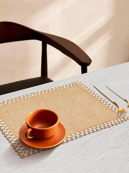 Hausattire Jute Burlap Placemat 14x14 Inches - Natural, Lace Design Edges Table Mats for Bar Table Indoor Outdoor Rustic Thanksgiving Farmhouse Kitchen Coffee Dinner Table Decor Mats - Set of 4