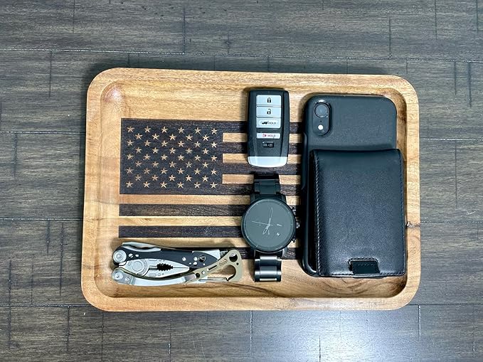 American Flag Valet Tray – Acacia Wood Catch All, EDC Tray – Every Day Carry Bedside Holder, Dump Tray EDC Organizer, Nightstand Organizer, Decorative Key Holder, 11 x 7.75 x 1 inches