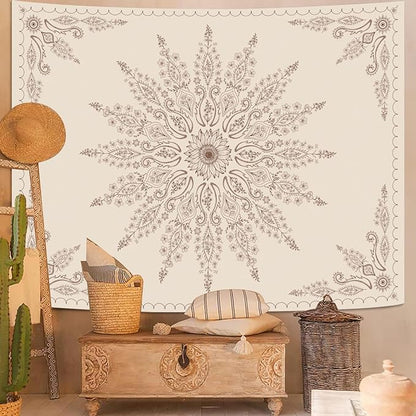 Fowocu Boho Floral Mandala Tapestry for Bedroom Aesthetic Bohemian Flower Wall Tapestry Beige Hippie Indian Small Tapestries Wall Hanging for Living Room Dorm Decor 48 x 36 Inch