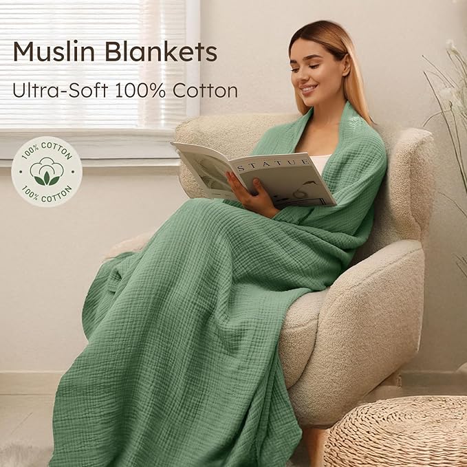 100% Cotton Muslin Blanket Twin XL Size 66" x 90" for Bed Couch Summer Gauze Blanket for Adults Lightweight and Breathable Dark Green