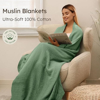 100% Cotton Muslin Blanket Twin XL Size 66" x 90" for Bed Couch Summer Gauze Blanket for Adults Lightweight and Breathable Dark Green