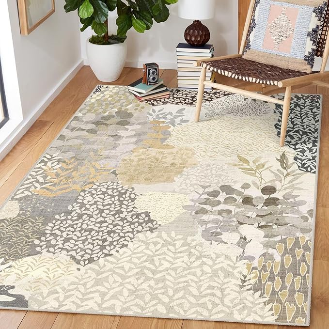 DEXDE Washable Area Rug 3x5 for Living Room, Abstract Small Boho Rugs Non Slip Soft Kids Room,Vintage Leaves Floral Carpet for Bedroom Entryway Kitchen Office Dining Room, Gray