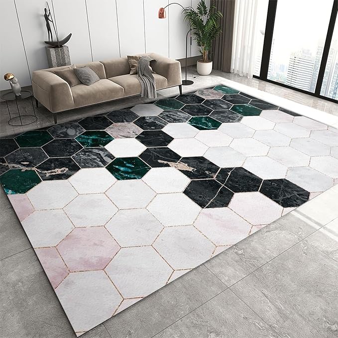 Pink White Black Geometric Honeycomb Area Rug, Abstract Light Luxury Golden Irregular Lines Print Rugs, Machine Washable Breathable Durable Carpet for Front Entrance Floor Decor,5 x 7ft