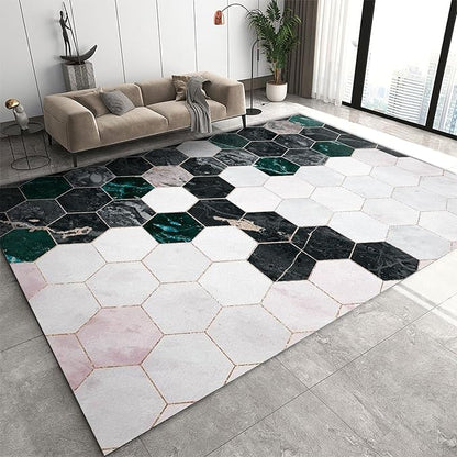 Pink White Black Geometric Honeycomb Area Rug, Abstract Light Luxury Golden Irregular Lines Print Rugs, Machine Washable Breathable Durable Carpet for Front Entrance Floor Decor,6 x 9ft