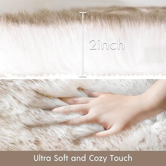 Phantoscope Faux Fur Rug, Fluffy Soft Faux Fox Fur Area Rugs for Bedroom Livingroom Kids Room Decor,Shaggy Fur Rugs Anti-Skid, White Brown, 2 x 6 Feet