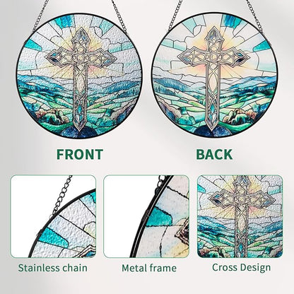 Sun Catcher Stained Glass Window Hanging 8 inch Green Cross Suncatcher Wall Art Home Decor Sun Catchers Decoration for Garden Home Housewarming Gifts