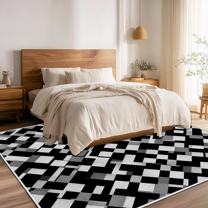 Black White and Grey Rug - Geometric Area Rug, Area Rugs 7x9, Modern Abstract Rugs, Irregular Block Splicing Carpet Washable Non Slip Home Decor Carpet for Living Room