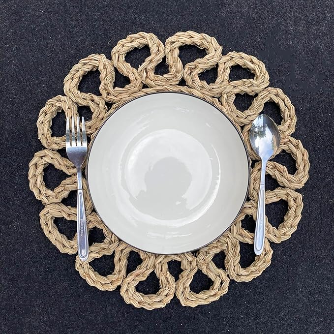 13.8" Set of 8 Round Seagrass Placemats | Boho Woven Rattan Table Mats | Farmhouse Wicker Spring Plate Chargers Like Water Hyacinth, Corn Husk for Wedding, Party, Christmas, Events