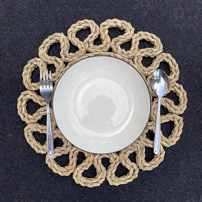 13.8" Set of 8 Round Seagrass Placemats | Boho Woven Rattan Table Mats | Farmhouse Wicker Spring Plate Chargers Like Water Hyacinth, Corn Husk for Wedding, Party, Christmas, Events