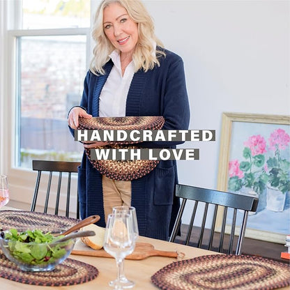 Homespice Prescott Jute Braided Oval Placemats, Country Primitive Decor, Set of 6, 13x19 Black and Red Table Mats - Vibrant Colors, Durable, Easy to Clean and Protects Furniture