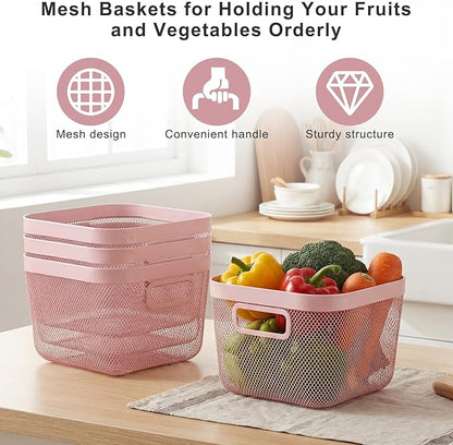 4 Pack Metal Mesh Basket with Hollow Handles Pink Wire Storage Bin for Organizing Stackable Metal Fine Mesh Basket for Pantry Bathroom Kitchen Cabinets Shelves