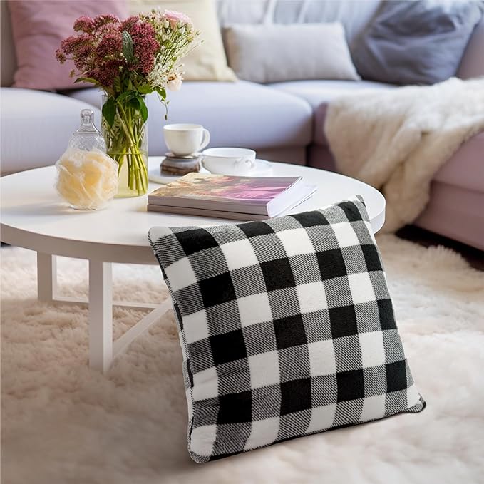 PAVILIA Checker Plaid Throw Pillow Covers 18x18 Set of 2, Decorative Pillow Cases Bed Sofa Couch, Boho Aesthetic Accent Decor Cushion Bedroom Living Room, Velvet Square Euro Sham Covers, Black White