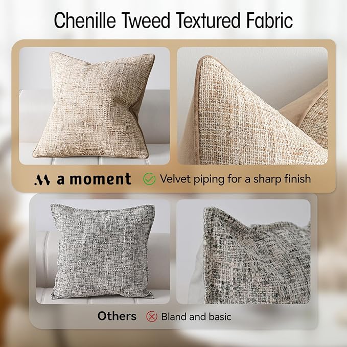 a moment Khaki Reversible Pillow Covers 2 Pack - Farmhouse Chenille Throw Pillows, Neutral Textured Decorative Throw Pillow Covers with Border for Couch Sofa Bed (12x20 Inch, No Insert)