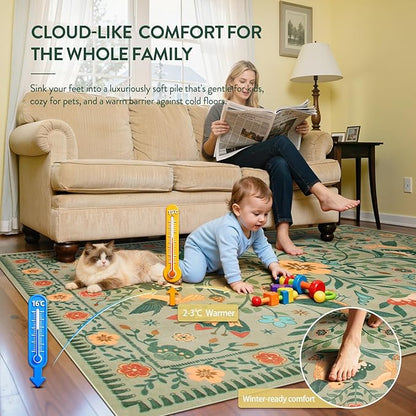 Moynesa Area Rugs 9x12 Green Aesthetic Home Decor, Modern Farmhouse Country Floral Bird Print Pattern Medallion Carpet for Living Room Bedroom Dining Room,Non-Slip Washable Floor Protection