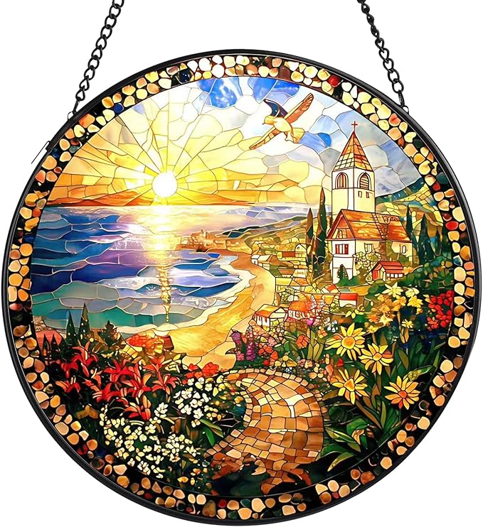 Country Stained Glass Window Hanging, 7.8" Round Sun Catcher Hand Painted Wall Art Decor with Chain, Unique Housewarming Gifts for Couples, Home