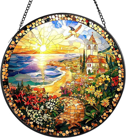 Country Stained Glass Window Hanging, 7.8" Round Sun Catcher Hand Painted Wall Art Decor with Chain, Unique Housewarming Gifts for Couples, Home