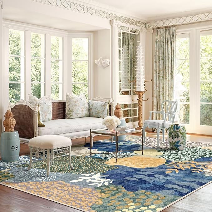 DEXDE Blue Area Rugs 5x7 Tropical Washable Non-Slip Abstract Leaf Floral Boho Soft Rug for Living Room Bedroom Botanical Large Carpet for Entryway, Kids Playroom, Office Decor