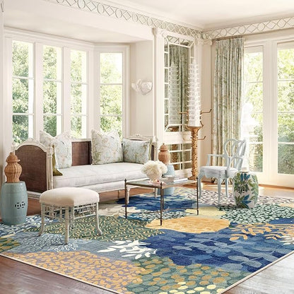 DEXDE Blue Area Rugs 5x7 Tropical Washable Non-Slip Abstract Leaf Floral Boho Soft Rug for Living Room Bedroom Botanical Large Carpet for Entryway, Kids Playroom, Office Decor