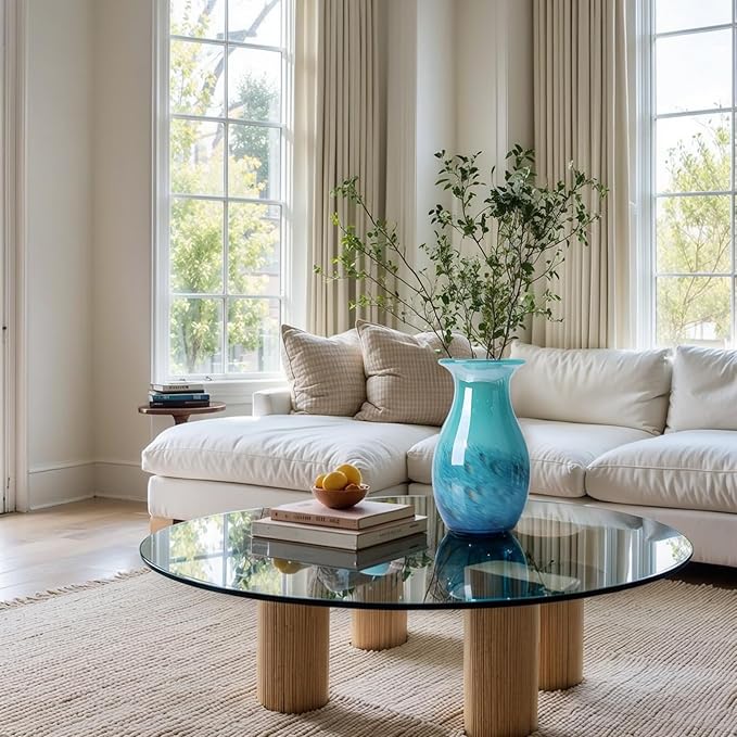 Teal Glass Vase – 11.4in Hand Blown Wide Mouth Art Glass Vase – Turquoise Decorative Vase for Flowers, Centerpieces, Bookshelf, Bathroom, Dining Table or Living Room Display
