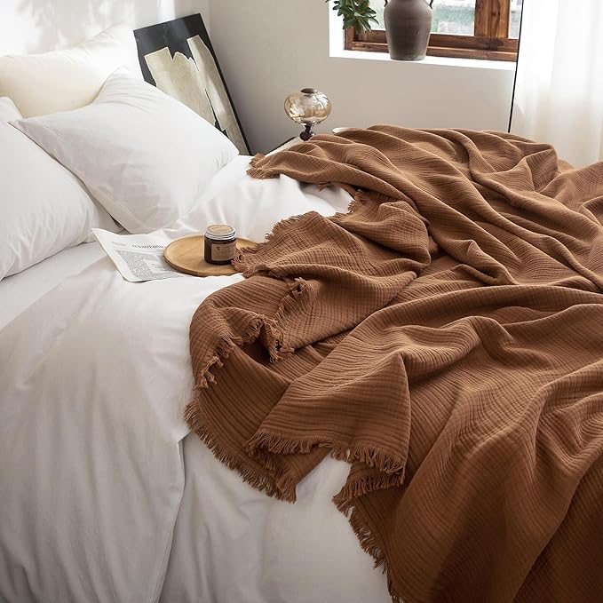 FOSSA Muslin Blanket with Fringe - 4-Layer 100% Cotton Gauze Super Soft & Breathable Throw -Lightweight Decorative Cooling Blanket for Bed, Sofa, Office (Dark Orange, Queen (90" × 90"))