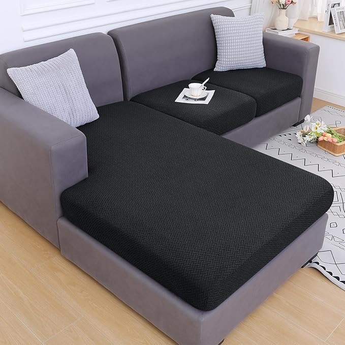 Smiry Waterproof Couch Cushion Covers, Stretch Jacquard Sectional Couch Covers, L Shape Chaise Lounge Sofa Slipcover, Washable Elastic Furniture Protector for Pets, Kid (Chaise Cover, Black)