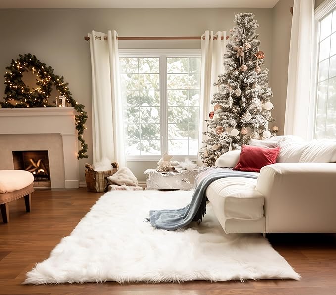 Super Area Rugs 5X7 White Shaggy Rug for Bedroom - Faux Fur Fluffy Carpet - Bright White Color for Living Room - Machine Washable Easy Care & Soft Feel