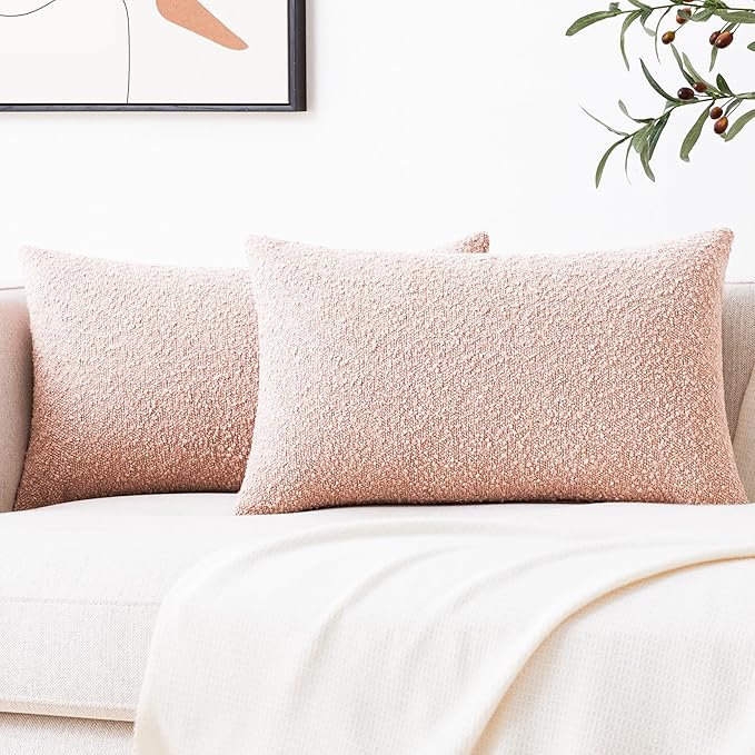 Mixhug Decorative Boucle Throw Pillow Covers, Pink, 12 x 20 Inches, Pack of 2 - Textured Boho Pillow Covers for Couch and Bed