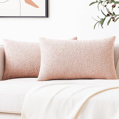 Mixhug Decorative Boucle Throw Pillow Covers, Pink, 12 x 20 Inches, Pack of 2 - Textured Boho Pillow Covers for Couch and Bed