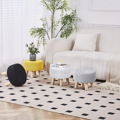 Wimarsbon Small Ottomans, 100% Hand Knitted Pouf Ottoman, Round Footrest with 4 Non-Skid Wood Legs, Boho Décor Cotton Rope Pouffe, Leisure Floor Step Chair for Living Room (Black)
