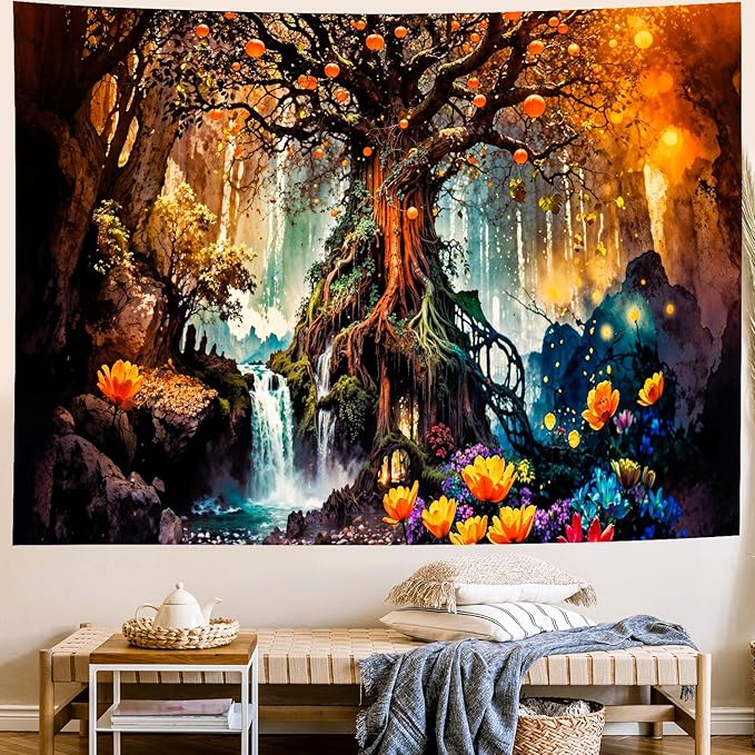 Delur Magical Forest Tapestry Fantasy Tree of Life Fairy Tale Enchanted Mystical Forest Tapestry Psychedelic Nature Landscape Wall Hanging Headboard for Bedroom Living Room Home Decor (70.8" x 92.5")