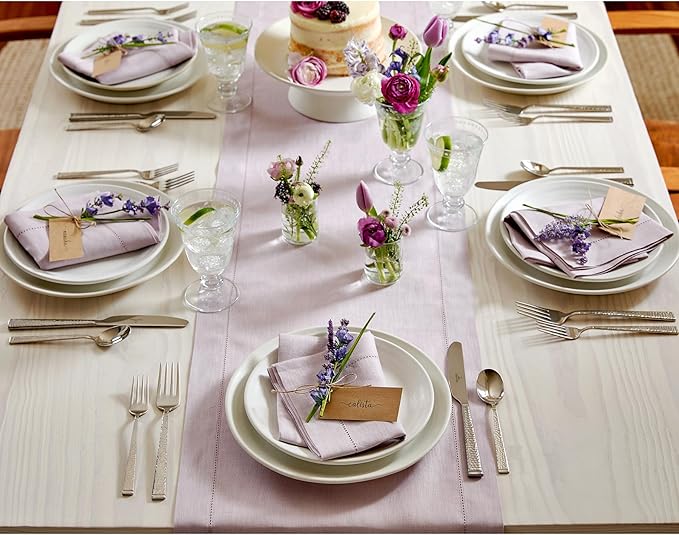 Solino Home Linen Napkins Set of 6 - Classic Hemstitch 100% Pure Linen Lilac Dinner Napkins Cloth 20 x 20 Inch for Valentines - Handcrafted and Machine Washable